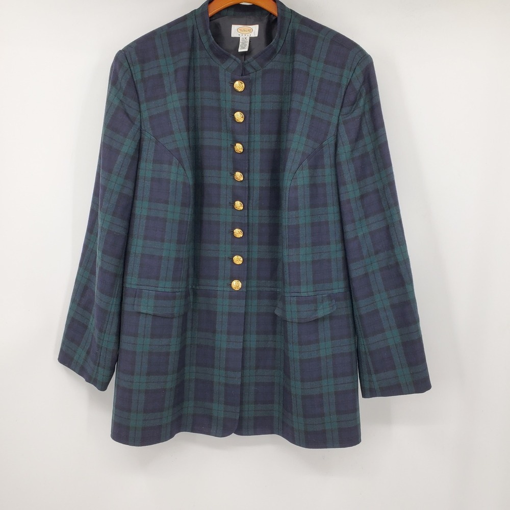 Talbots Vintage Black Watch Plaid Tartan Wool Blazer Gold Button Jacket 20W USA